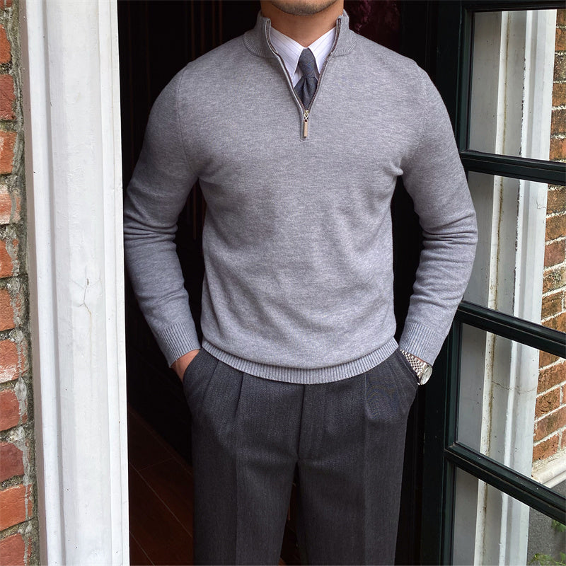 Men's Stand-up Collar Zipper Knit Long-sleeved Sweater - Grey - Men's Sweaters - Carvan Mart