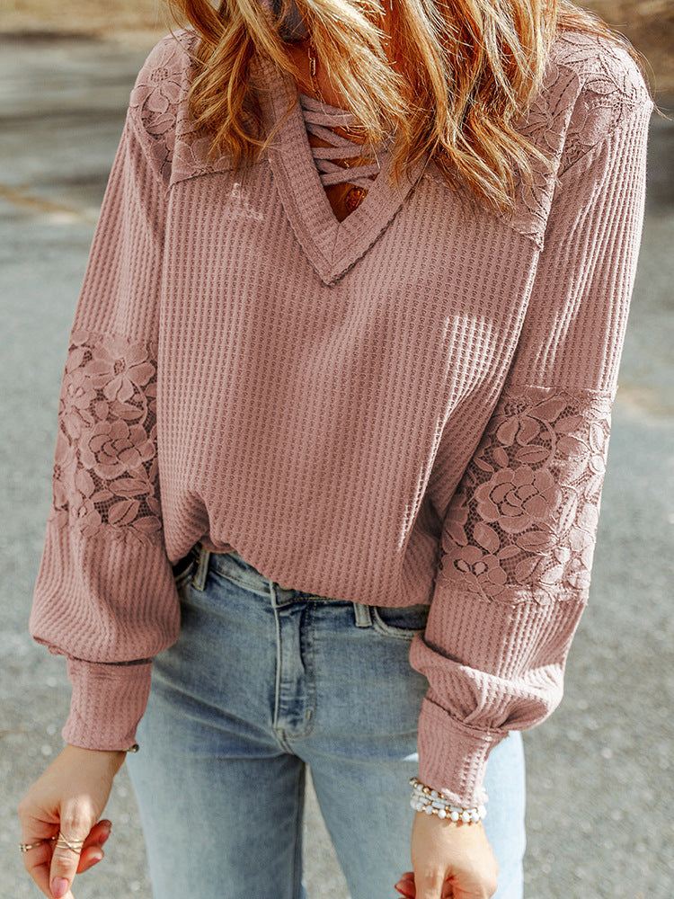 Women's Lace Waffle Long-sleeve Top - - Winter Tops - Carvan Mart