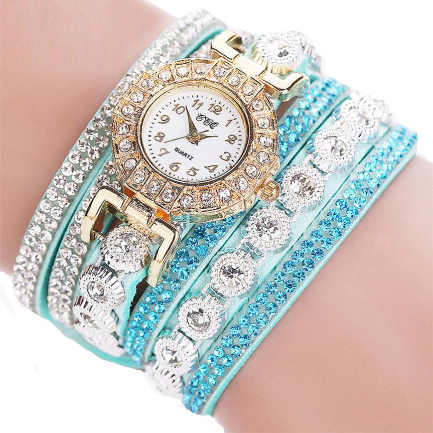 Relogio masculino Women Quartz Women PU Leather Rhinestone Watch Bracelet Watches - Blue - Women's Watches - Carvan Mart