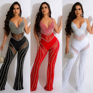 Women's See-through Deep V Rhinestone Jumpsuit - - Jumpsuits & Rompers - Carvan Mart