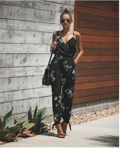 Floral Print Jumpsuit for Women - Boho Summer V-Neck Sleeveless Romper - Black printing - Jumpsuits & Rompers - Carvan Mart