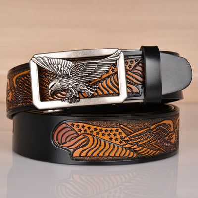 Leather Men's Belt Eagle Embossed - Black antique silver buckle - Men's Belts - Carvan Mart