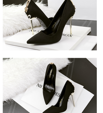 Women's Pointed Black High Heel Shoes Stiletto Metal Bow Banquet - Carvan Mart