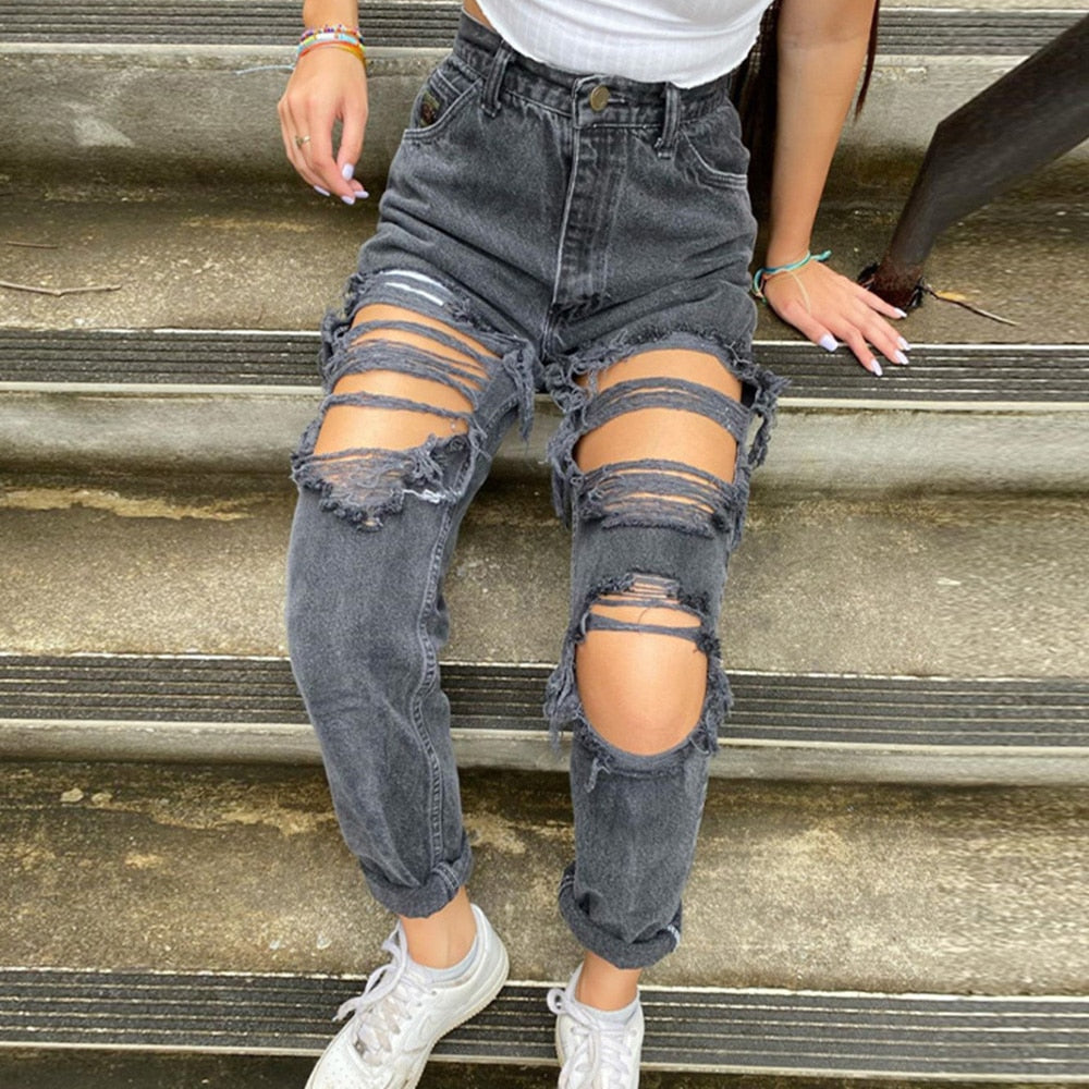 Sexy Ripped Ladies Jeans - Slimming Denim Trousers for Women - Dark Grey - Women's Jeans - Carvan Mart