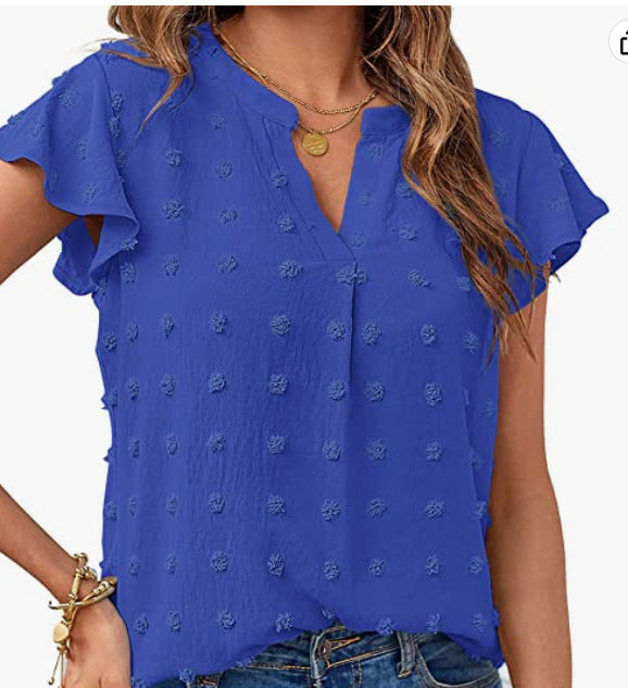 Women Summer V Neck Ruffle Short Sleeve Blouse Dot Flowy Shirt Top - Sapphire Blue - Blouses & Shirts - Carvan Mart