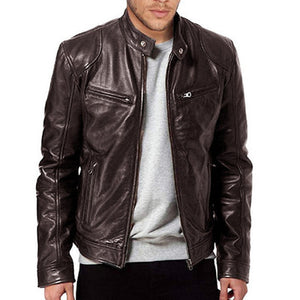 PU Leather Jacket Slim Leather Jacket - Brown - Genuine Leather - Carvan Mart