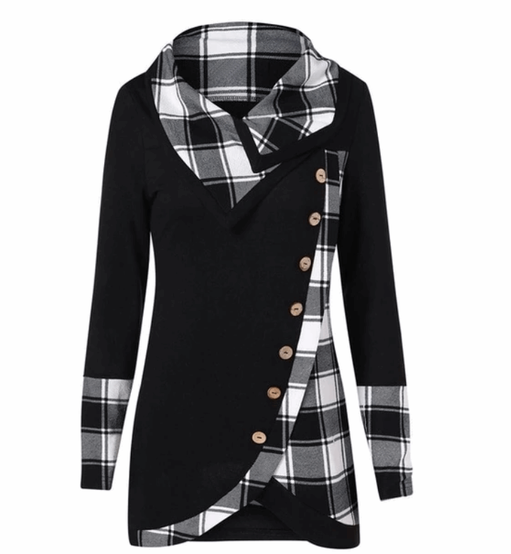 Women's Plaid Button-Up Hooded Sweatshirt - Cozy and Stylish Plaid Hoodie for All Seasons - Black - Tops & Tees - Carvan Mart