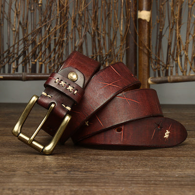 Washed-out Vintage First Layer Cow Leather Pin Buckle Jeans Belt - Reddish Brown - Men's Belts - Carvan Mart