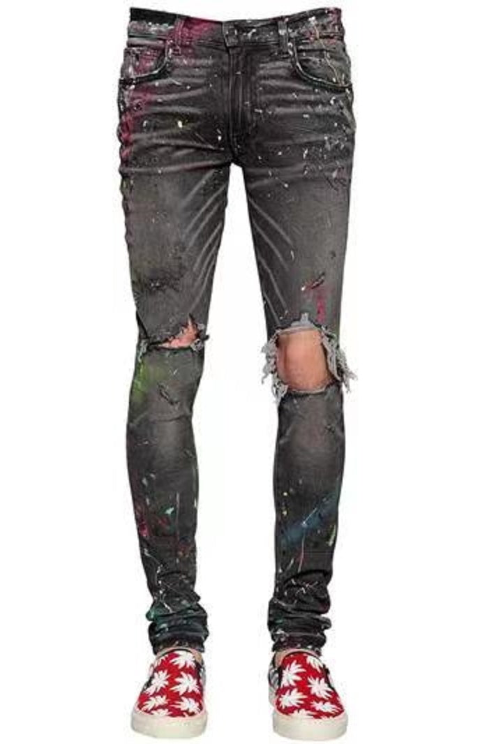 Vintage Distressed Paint Splashed Ink Stretch Gray Jeans For Men - Carvan Mart