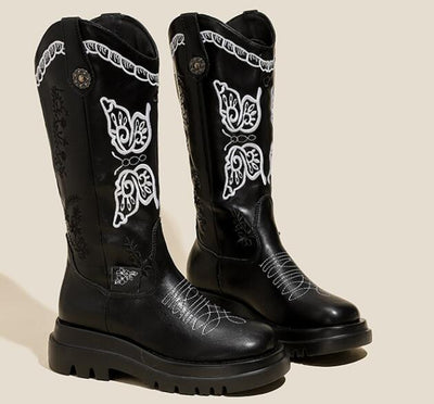 Women's Butterfly Embroidery Cowboy Boot - Black Leather Lining - Women's Shoes - Carvan Mart