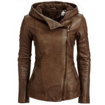 Hooded Women's Leather Parka Coat Long Sleeve Leather Jacket - Brown - Leather & Suede - Carvan Mart