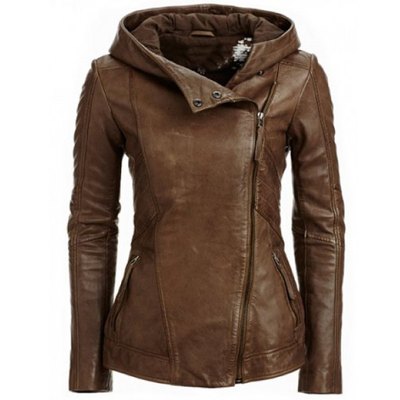 Hooded Women's Leather Parka Coat Long Sleeve Leather Jacket - 