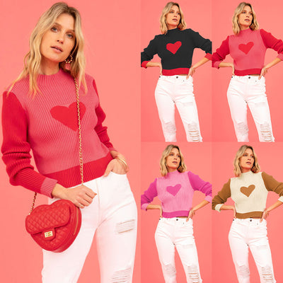 Women's Fashion Love High Neck Knit Sweater - Carvan Mart