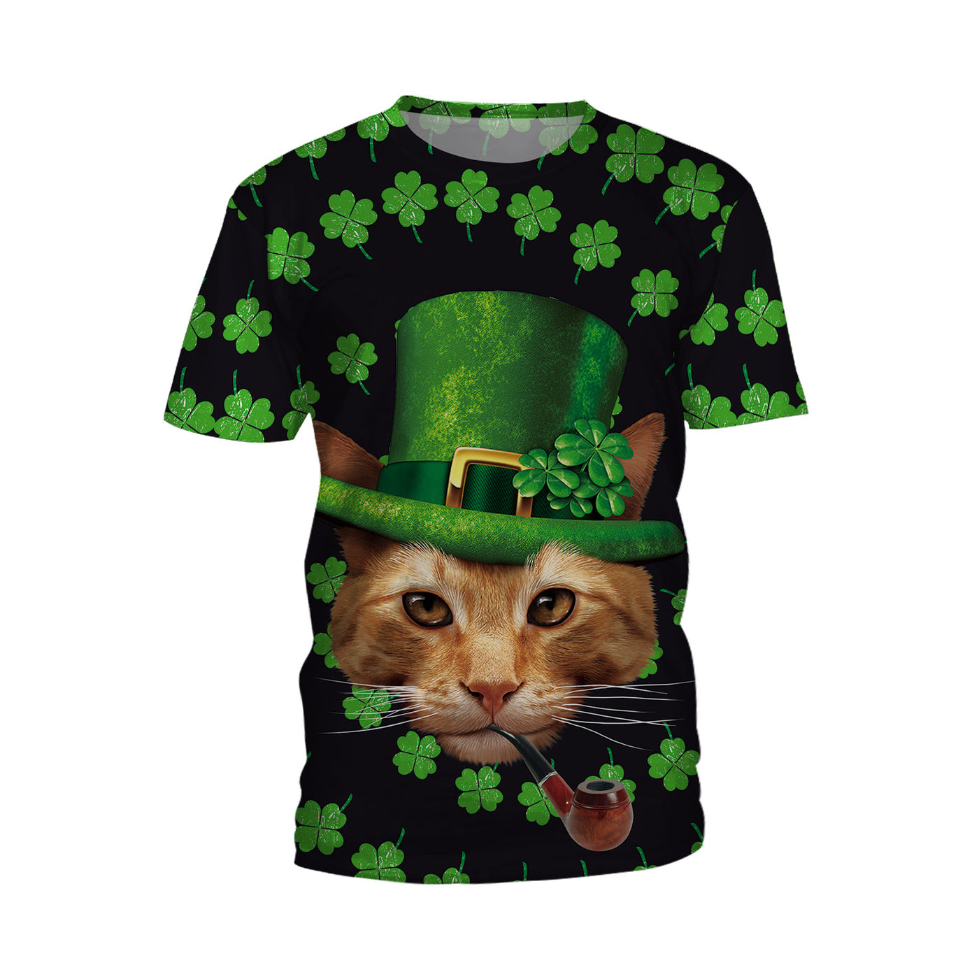 Patrick's Day Four Leaf Grass Cute Pet Cat Digital Print Round Neck T-shirt - B121253 - Men's Shirts - Carvan Mart