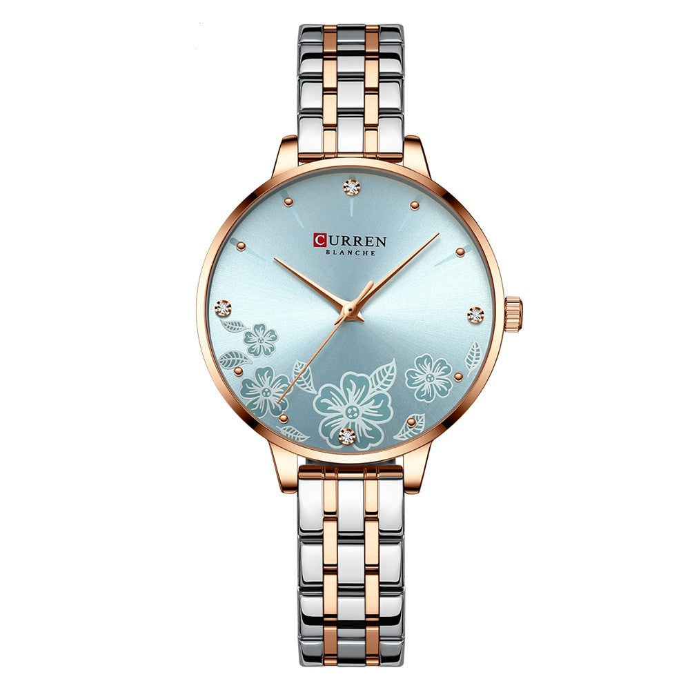 Women's Steel Belt Fashion Flower Casual Quartz Watch - Room Rose Blue Noodles - Women's Watches - Carvan Mart