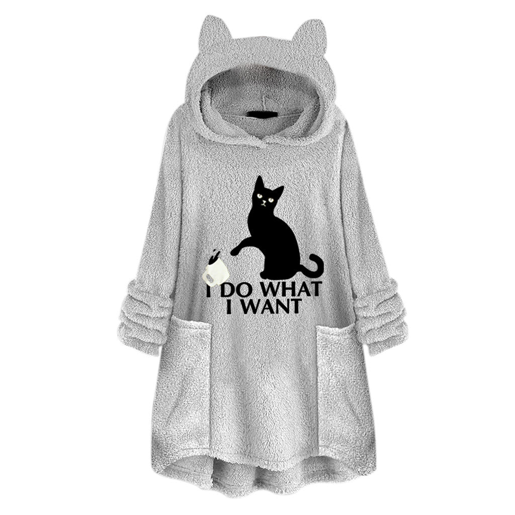 Hooded Pullover Cat Print Long Sleeved Reversible Velvet Sweater - Grey - Women Hoodies & Sweatshirts - Carvan Mart