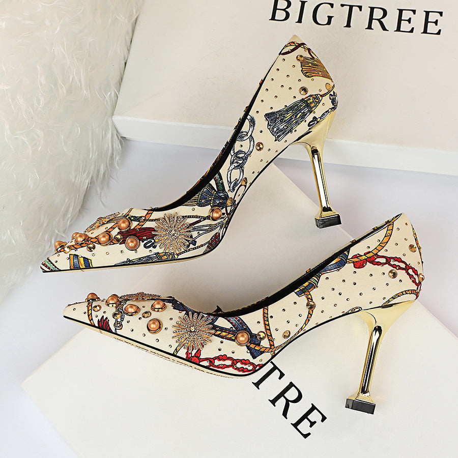 Elegant Paisley Print Gold Stiletto Heels with Embellished Details - White - High Heels - Carvan Mart