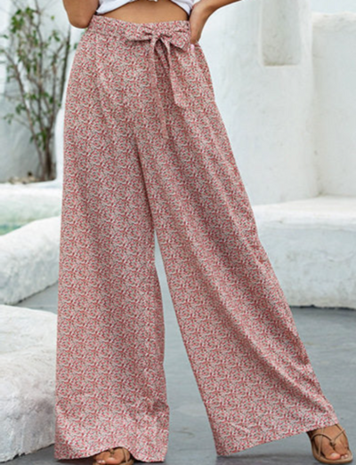 Women’s Palazzo Pants Floral Genome Print Elastic High Waist - Pink - Pants & Capris - Carvan Mart