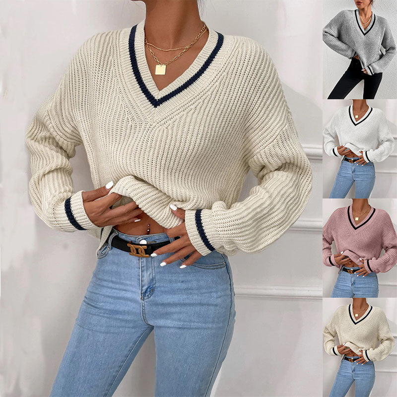 Winter Women's Clothes Cable Knit V Neck Sweaters Casual Long Sleeve Striped Pullover Sweater Trendy Loose Preppy Jumper Top - Carvan Mart Ltd