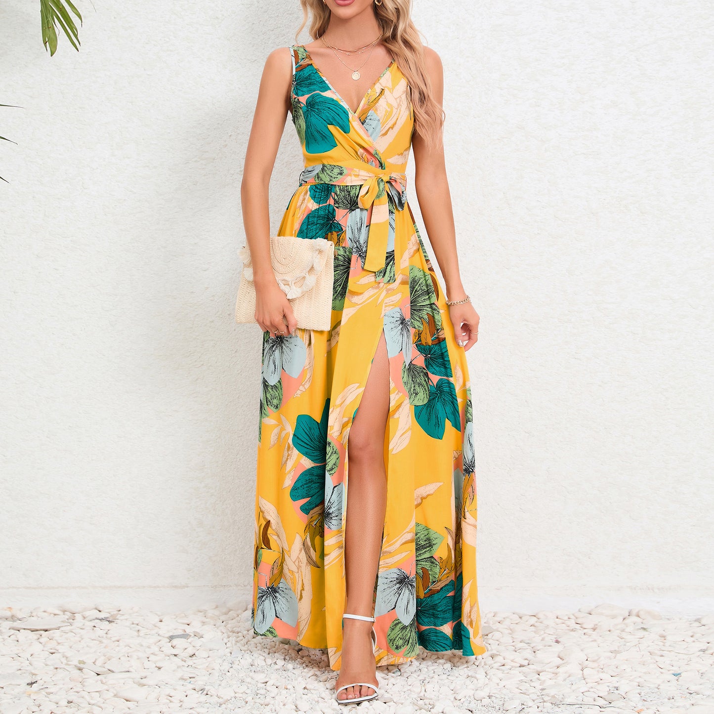 Women's V-neck Floral Print Long Dress Summer Waist Tie Slit Design Sleeveless Dress