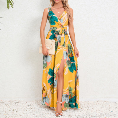 Women's Long Dress Floral Print  V-neck Summer Sleeveless Dress - Carvan Mart