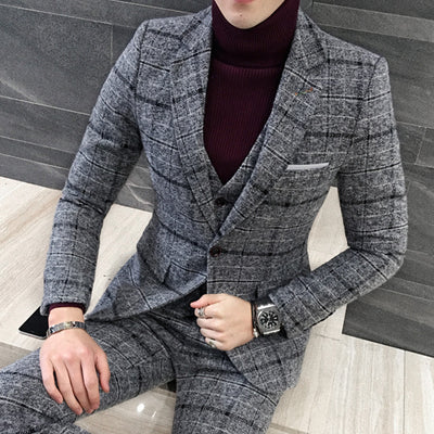 Men's Three Piece Suit Thick Slim Fit Plaid Wedding Suits - Carvan Mart