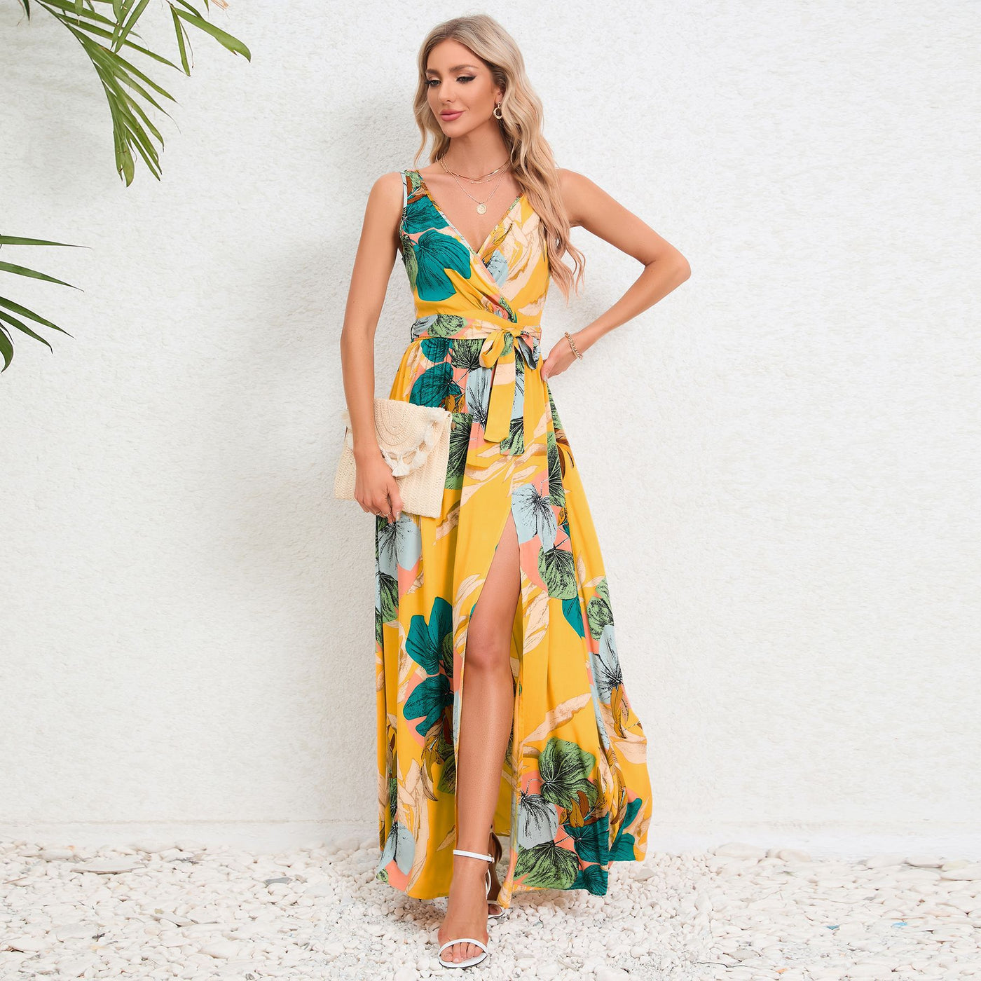 Women's Long Dress Floral Print  V-neck Summer Sleeveless Dress - Carvan Mart