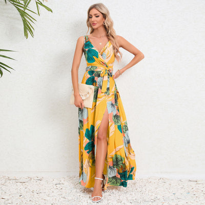 Women's Long Dress Floral Print V-neck Summer Sleeveless Dress - Yellow - Dresses - Carvan Mart