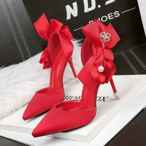 Women's Shoes Bow Pearl 10 cm Stiletto Heels Pointed Toe High Heels - Red - High Heels - Carvan Mart