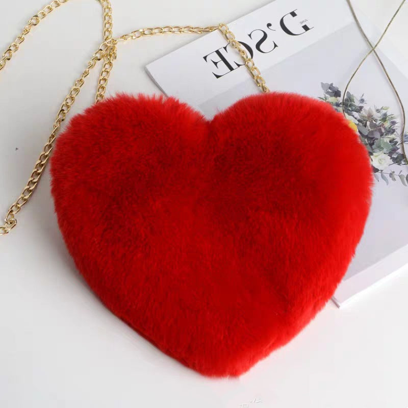 Love Bag for Women - Plush Heart-Shaped Chain-Strap Handbag with Sequins for Parties - Red - Shoulder Bags - Carvan Mart