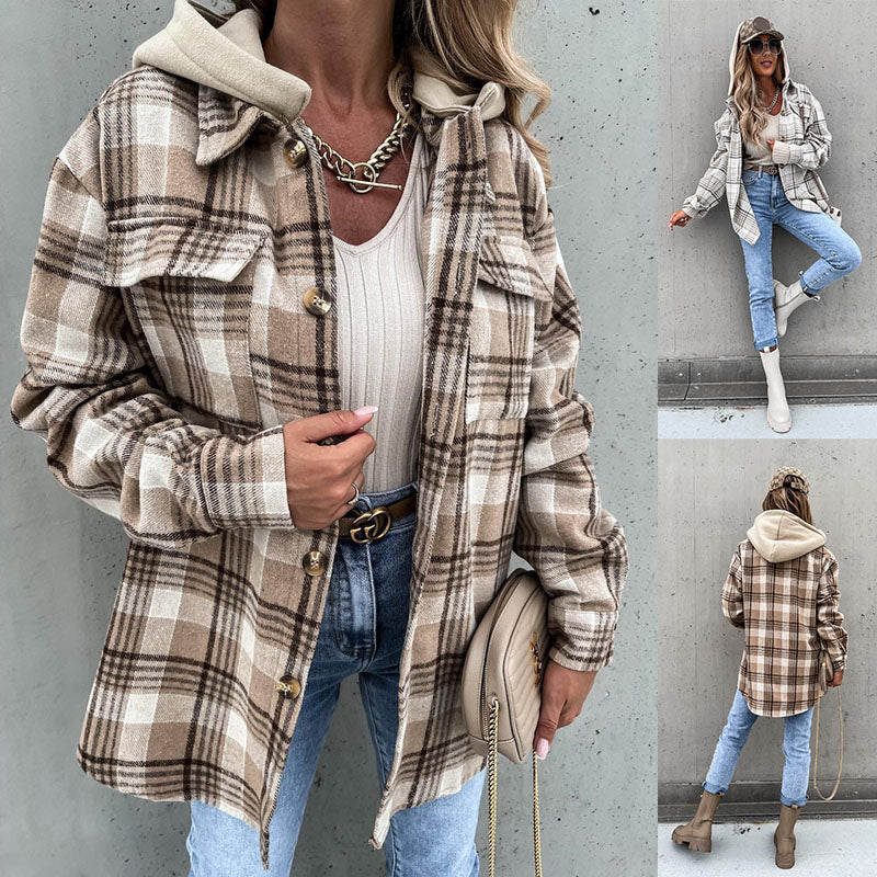 Ins Women's Woolen Jacket Winter Fashion Plaid Hooded Coat With Detachable Cap Pockets Design Shirt Outerwear - - Women's Coats & Jackets - Carvan Mart