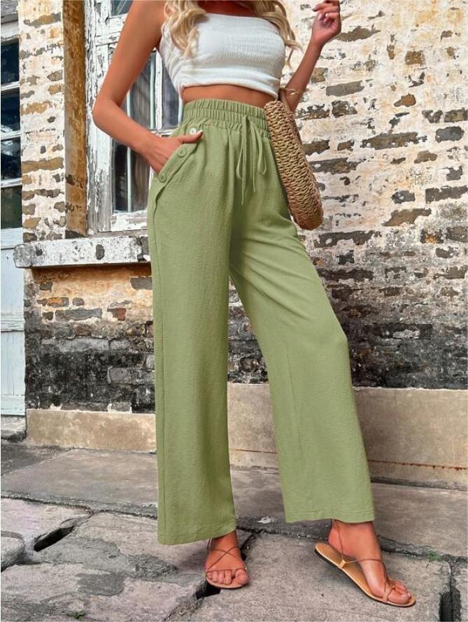 Women's High-Waisted Wide Leg Pants - Casual Loose Fit Drawstring Trousers - Army Green - Pants & Capris - Carvan Mart