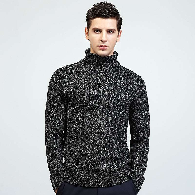 Men's Sweater Knit Turtleneck Sweater - British Style High Collar Fit Type with Jacquard Detail - Black - Men's Sweaters - Carvan Mart