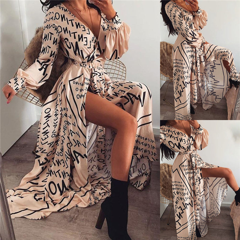 Loose Letter Print Shirt Dress, Button Down Long Sleeve Dress, Casual Every Day Dress, Women's Clothing - Carvan Mart