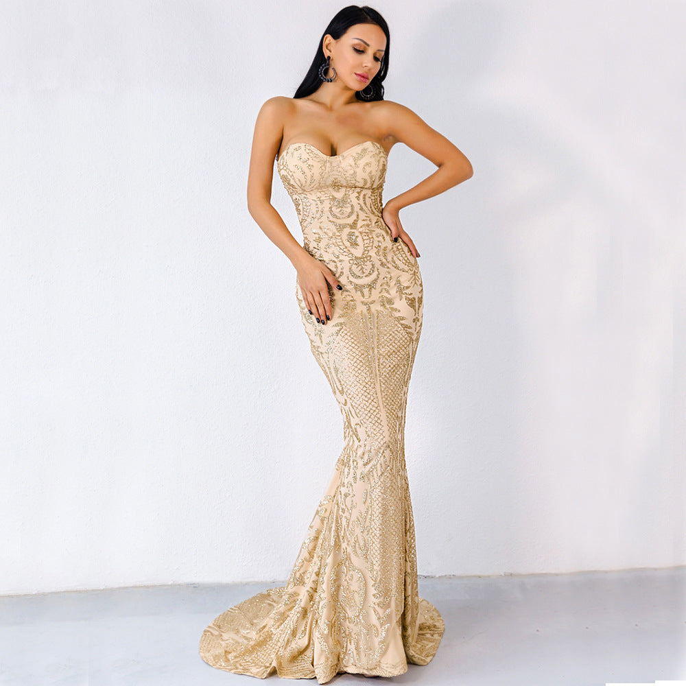 Women Mermaid Sequins Party Dress Sexy Elegant Strapless Geometric Evening Dress - Carvan Mart