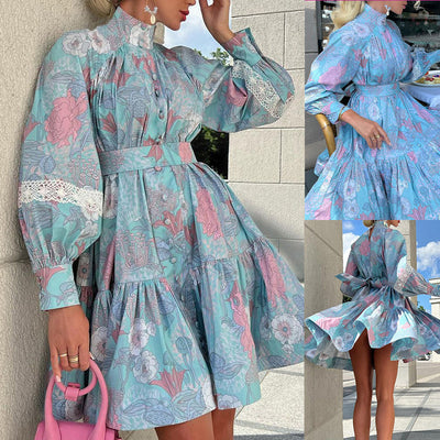 Plus Size Boho Dress Women's Plus Floral Print Print Contrast Lace Button Decor Lantern Sleeve High Neck Smock Dress With Belt - - Dresses - Carvan Mart