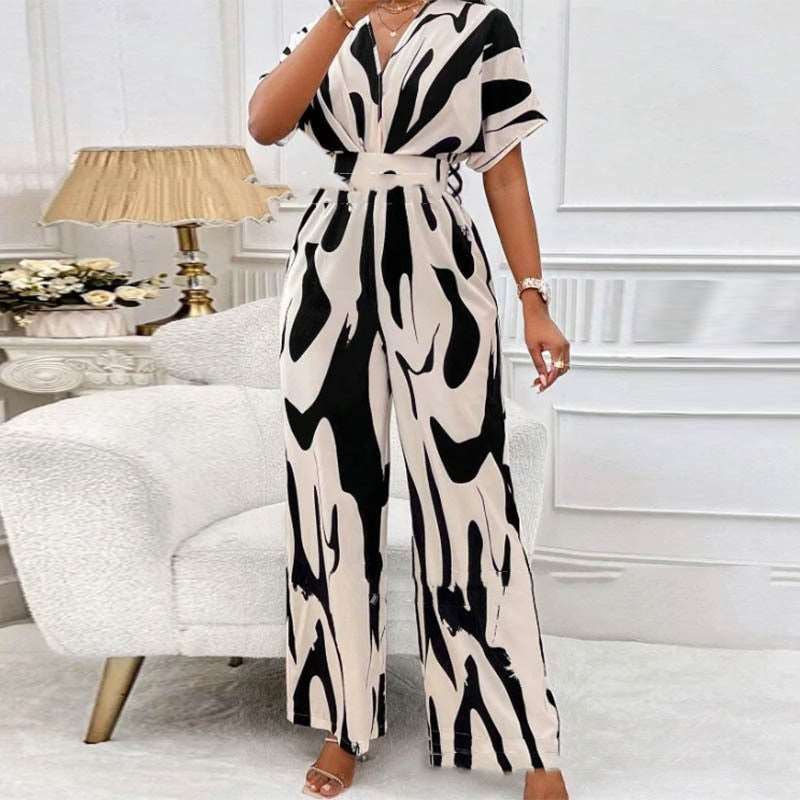 Abstract Print Button Front Dress, Casual Short Sleeve Lapel Ruched Tied Dress, Women's Clothing - Black And White - Jumpsuits & Rompers - Carvan Mart