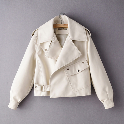 Women's Leather Bomber Leather Jacket Short Washed Leather Jacket - White - Leather & Suede - Carvan Mart