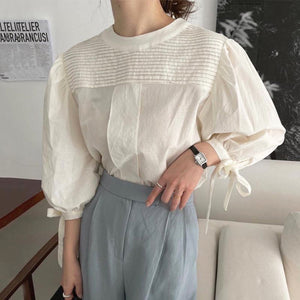 Round Neck Pleated Design Loose Bow Lace-up Lantern Sleeve Shirt Top - - Winter Tops - Carvan Mart