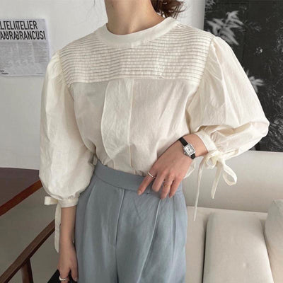 Round Neck Pleated Design Loose Bow Lace-up Lantern Sleeve Shirt Top - Carvan Mart