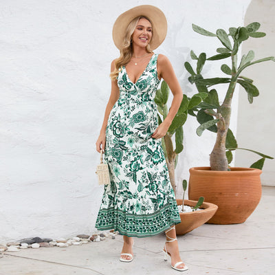 Women Floral Print V-neck Dress Summer Slim Fit Sleeveless Long Dress - Green - Dresses - Carvan Mart