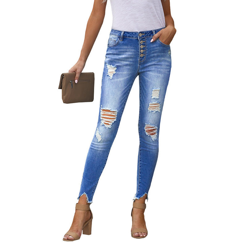 High Rise Cropped Denim Jeans for Women - Hand Worn Street Style Pencil Pants - Sky Blue - Women's Jeans - Carvan Mart