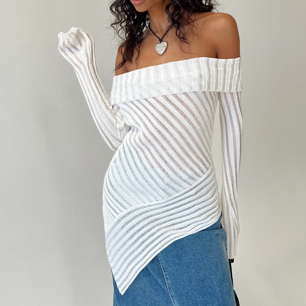 French Style Off-shoulder Long Sleeve Knitted Woolen Pullover - White - Winter Tops - Carvan Mart