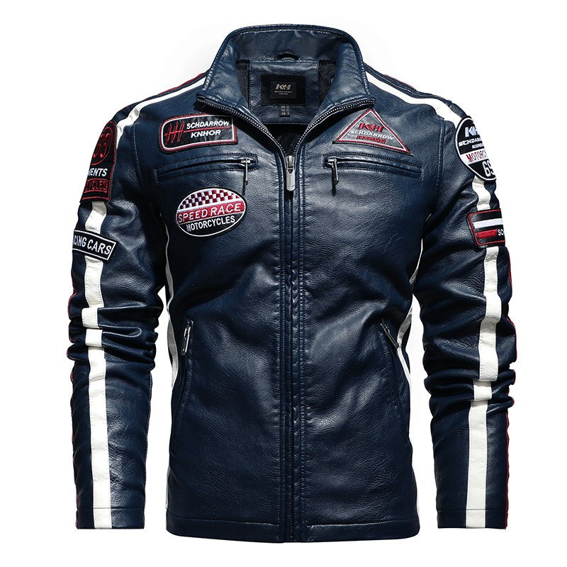 Men's Leather Short Embroidered Slim-fit Youth Lapel Leather Jacket - Carvan Mart