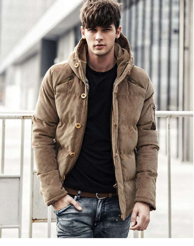 Autumn and winter men's hooded padded corduroy down cotton men's casual wild trend coat - Khaki - Men's Jackets & Coats - Carvan Mart