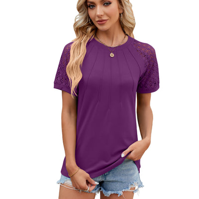 Round Neck Top Women's Lace Hollow Short Sleeve T-Shirt - Purple - Blouses & Shirts - Carvan Mart