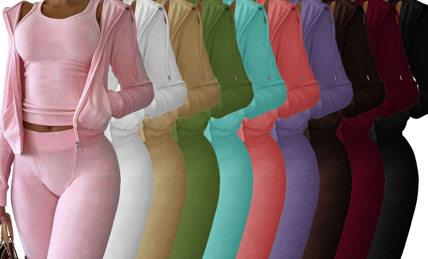 Women's Three Piece Suit Double Sided Velvet Hooded Vest Three Piece Set - Carvan Mart