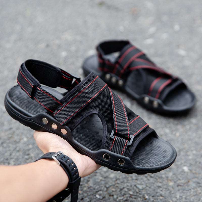 Casual Roman Sandals Men Strap Velcro Shoes - Black red - Men's Sandals - Carvan Mart