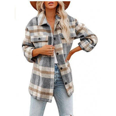 Women's Fashionable Woolen Plaid Shirt Jacket - Khaki - Blouses & Shirts - Carvan Mart