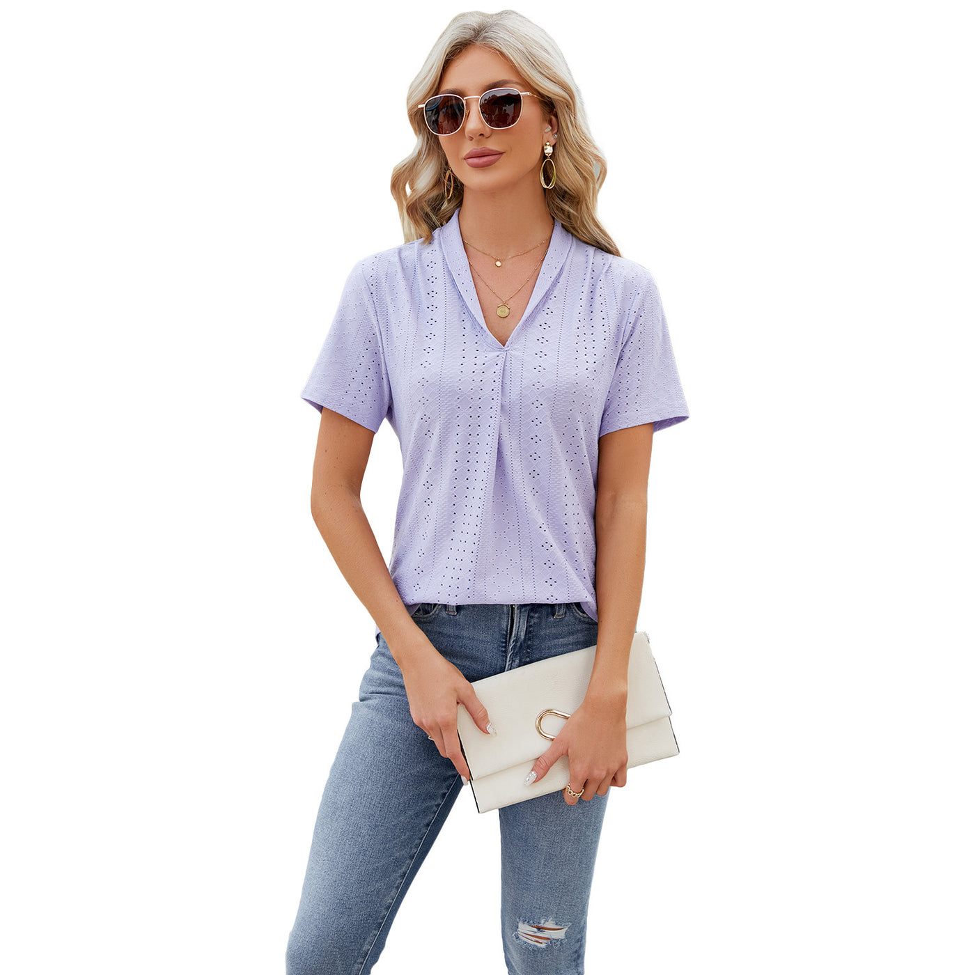 V-neck Hollow T-shirt Women's Summer Loose Short-sleeve Top - Purple - Blouses & Shirts - Carvan Mart